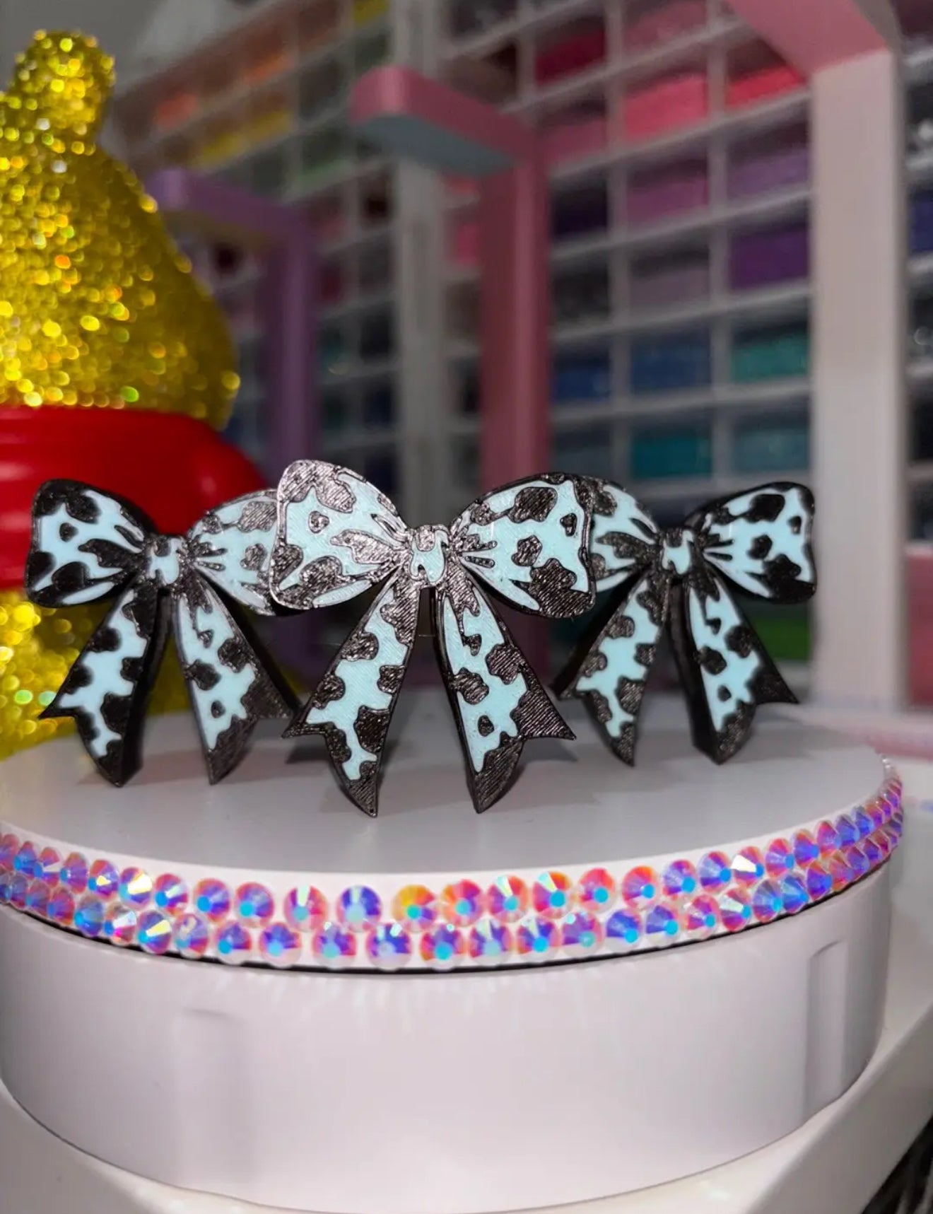 Blue Cow Print Bow Straw Topper