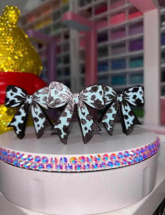 Blue Cow Print Bow Straw Topper